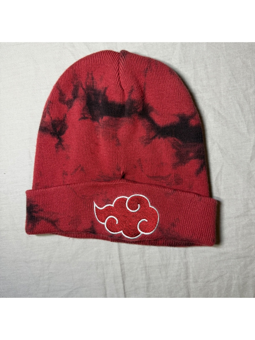 Naruto Shippuden Akatsuki Red Tie-Dye Knit Beanie Hat with Embroidered Cloud
